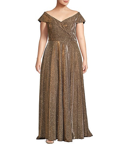 Xscape Plus Size Metallic Glitter Sleeveless Off-the-Shoulder Sweetheart Neck Ball Gown