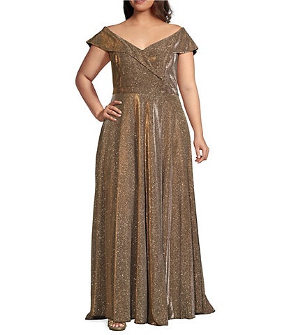 Xscape Plus Size Metallic Glitter Sleeveless Off-the-Shoulder Sweetheart Neck Ball Gown