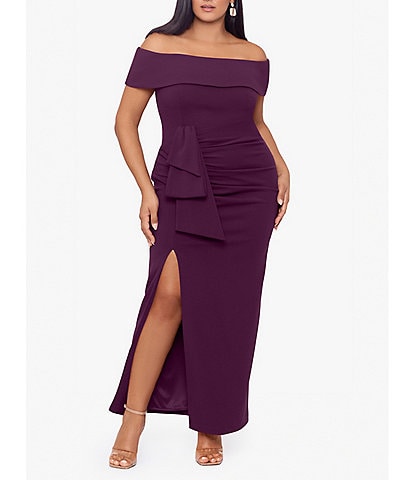 Xscape Plus Size Off-the-Shoulder Ruched Waist Scuba Crepe Thigh High Slit Gown