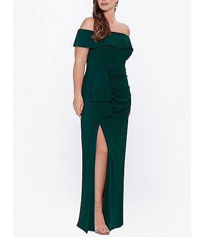 Xscape Plus Size Off-the-Shoulder Ruched Waist Scuba Crepe Thigh High Slit Gown
