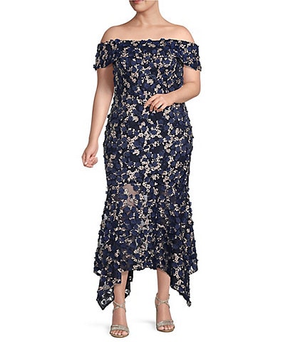 Xscape Plus Size Off-the-Shoulder Short Sleeve Embroidered Floral Lace Handkerchief Hem Gown