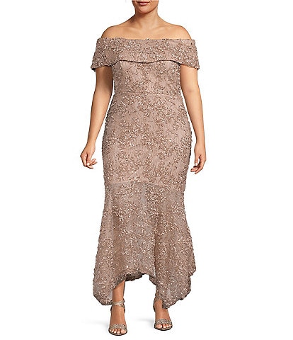 Xscape Plus Size Off-the-Shoulder Cap Sleeve High-Low Hem Mermaid Dress