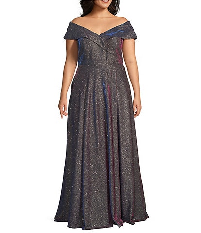 Xscape Plus Size Off-the-Shoulder Sweetheart Neck Cap Sleeve Glitter Ball Gown