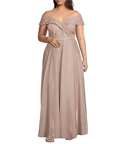 Xscape Plus Size Off-the-Shoulder Sweetheart Neck Cap Sleeve Glitter Ball Gown