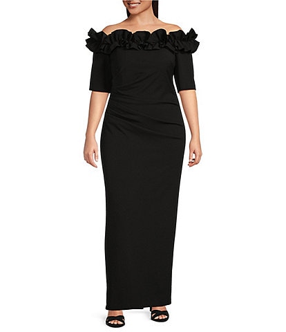 Xscape Plus Size Ruffled Off-the-Shoulder Short Sleeve Crepe Sheath Gown