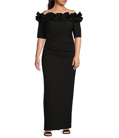 Xscape Plus Size Ruffled Off-the-Shoulder Short Sleeve Crepe Sheath Gown