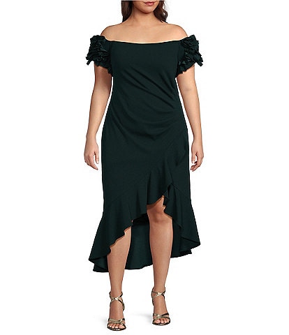 Xscape Plus Size Ruffle Short Sleeve Off-The-Shoulder Ruched Sheath Dress