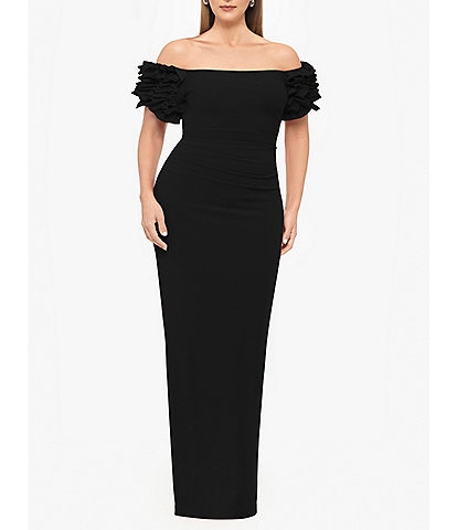 Xscape Plus Size Scuba Crepe Off-the-Shoulder Short Ruffle Sleeves Ruched Gown