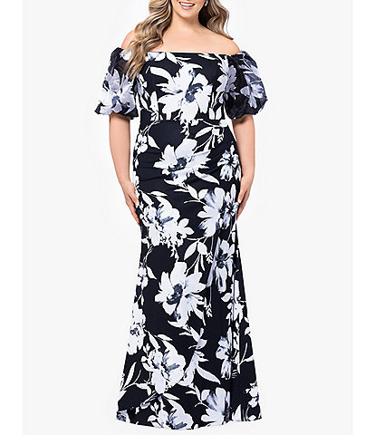 Xscape Plus Size Scuba Crepe Short Sleeve Off-The-Shoulder Floral Gown