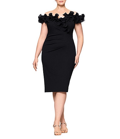 Xscape Plus Size Scuba Crepe V-Neck Sleeveless Wire Ruffle Trim Ruched Back Dress