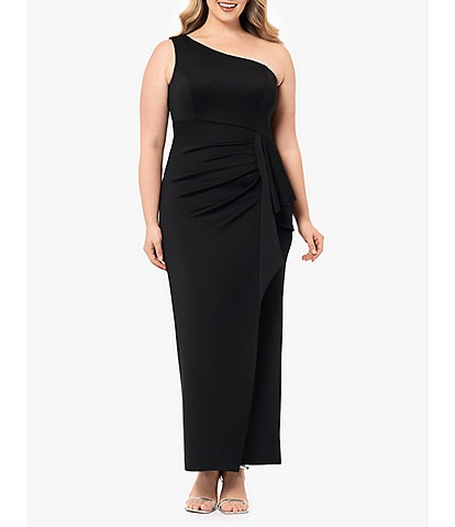 Xscape Plus Size Scuba One Shoulder Sleeveless Ruched Long Gown