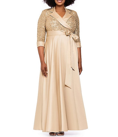 Xscape Plus Size Sequin 3/4 Sleeve Tuxedo Gown