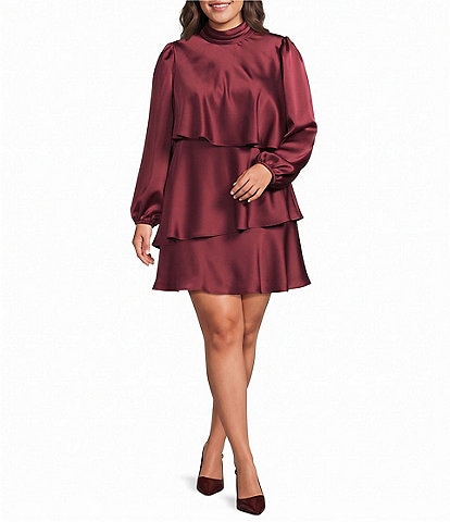 Xscape Plus Size Short Tiered Mock Neck Satin Dress