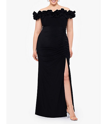 Xscape Plus Size Sleeveless Ruffled Off-the-Shoulder Sheath Gown