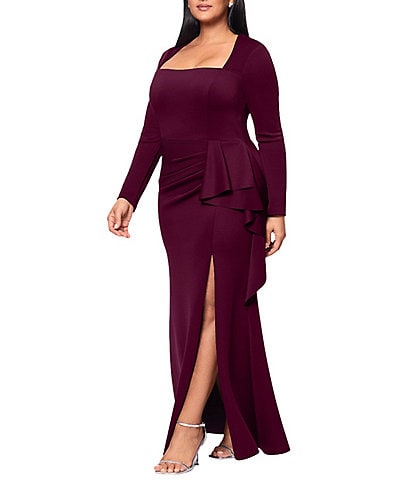 Xscape Plus Size Square Neck Long Sleeve Cascade Ruffle Gown