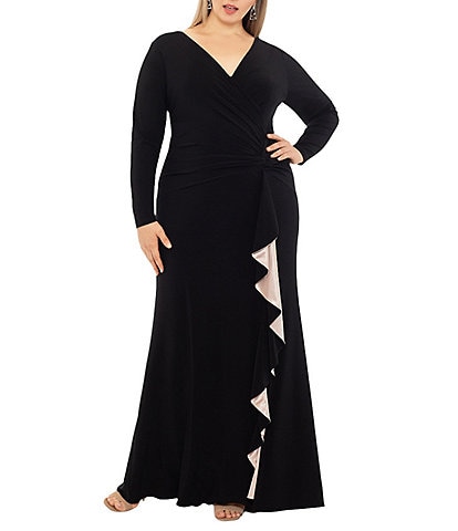 Xscape Plus Size V-Neck Long Sleeve Cascade Ruffle Gown