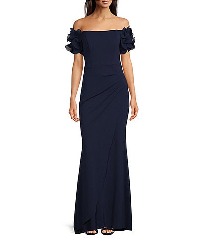 Xscape Rosette Off-the-Shoulder Short Sleeve Ruffle Ruched Waist Gown