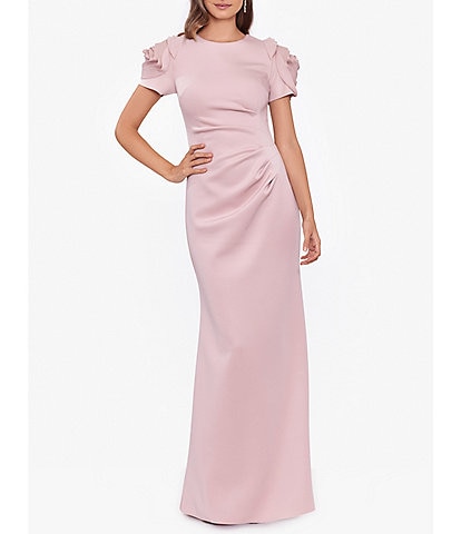 Xscape Rosette Short Sleeve Ruched Back Sheath Gown