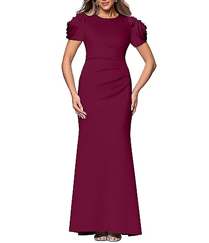 Xscape Rosette Short Sleeve Ruched Back Sheath Gown