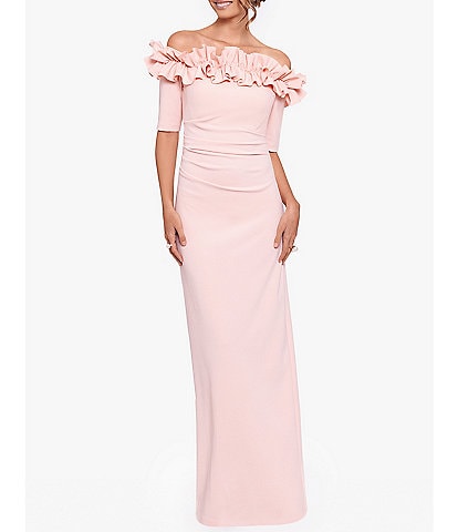 Xscape Ruffled Off-the-Shoulder Short Sleeve Crepe Sheath Gown