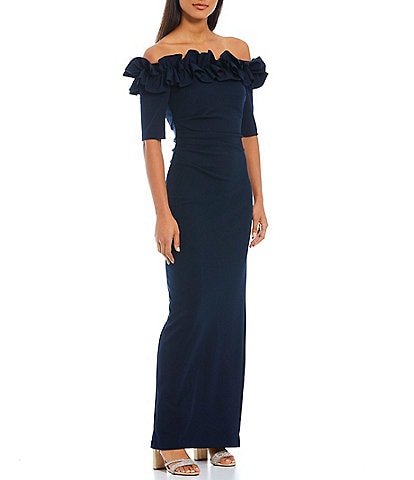Xscape Ruffled Off-the-Shoulder Short Sleeve Crepe Sheath Gown