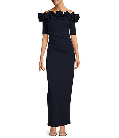 Xscape Ruffled Off-the-Shoulder Short Sleeve Crepe Sheath Gown
