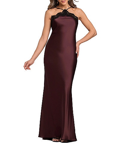 Xscape Satin Lace Combo Halter Strap Sleeveless Long Sheath Dress