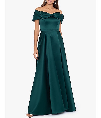 Xscape Satin Off-the-Shoulder Sleeveless Bow Front Ball Gown