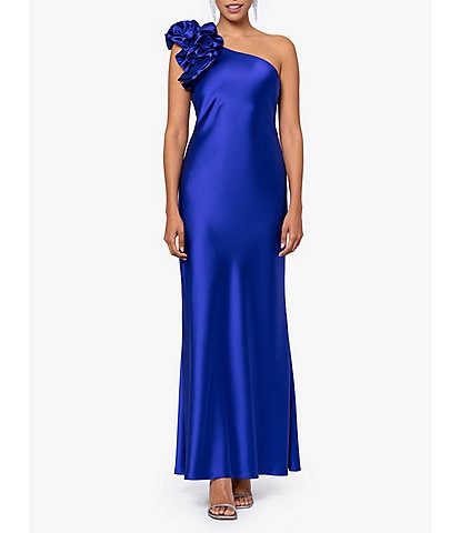 Xscape Satin One Shoulder Ruffle Sleeveless Ruched Back Gown