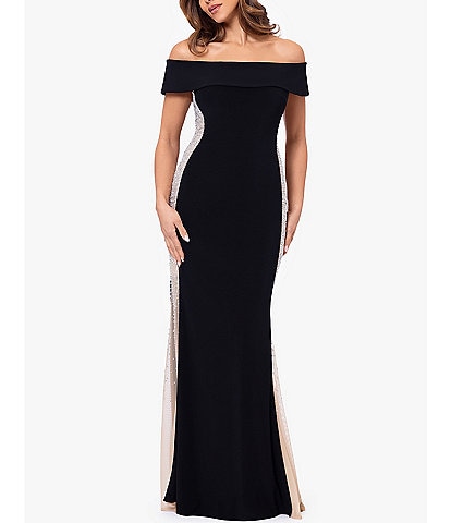 Xscape Scuba Mesh Illusion Sequin Off-the-Shoulder Gown