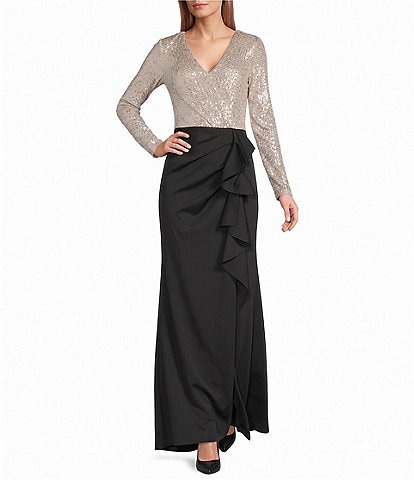 Xscape Scuba Sequin V-Neck Ruffle A-Line Gown