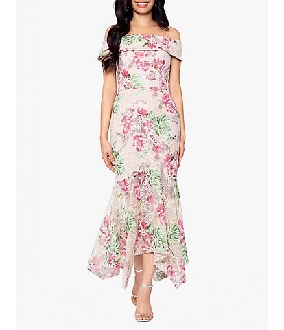 Xscape Sequin Floral Embroidered Off-the-Shoulder Midi Dress