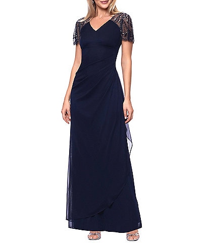 Xscape Short Beaded Sheer Flutter Sleeve Cascading Draped Waist V-Neck Beaded Gown
