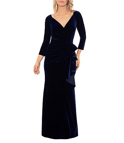 Xscape Solid Velvet V-Neck 3/4 Sleeves Ruffle Front Sheath Dress