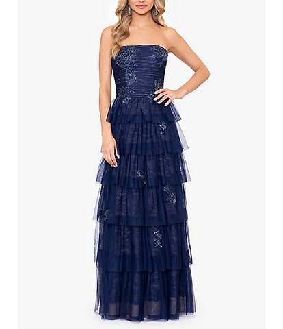 Xscape Strapless Applique Tiered Mesh Ruffle Gown