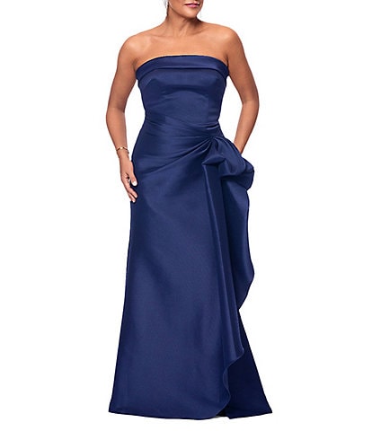Xscape Strapless Ruched Waist Ruffle Front Stretch Mikado Aline Gown