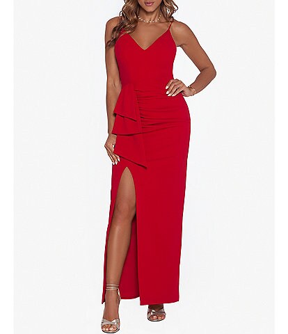 Xscape Stretch Crepe V-Neck Spaghetti Strap Ruched Thigh High Slit Ruffle Gown