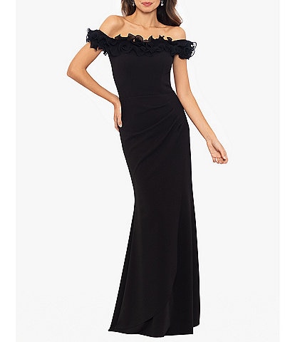 Xscape Stretch Crepe Wire Ruffle Off-The-Shoulder Cap Sleeve Mermaid Gown