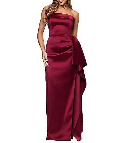 Xscape Stretch Mikado Strapless Side Ruffle Sheath Gown