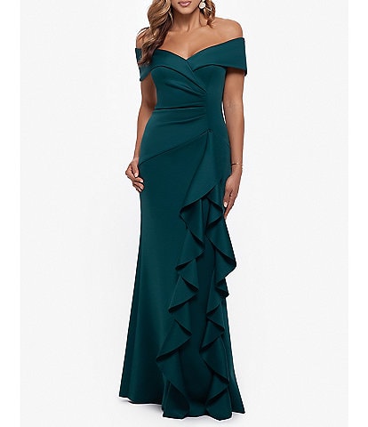 Xscape Stretch Off-the-Shoulder Cascading Ruffle Gown