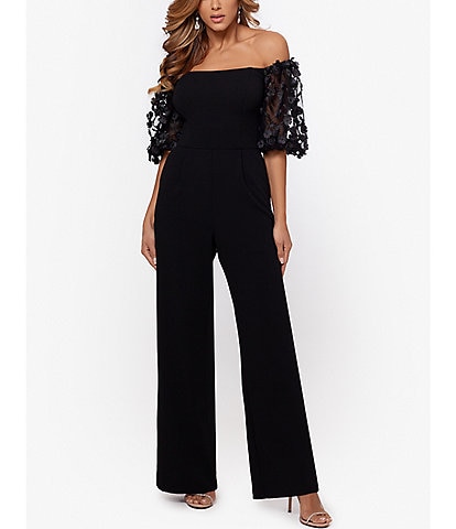 Xscape Stretch Off the Shoulder Short Puff Sleeve Jumpsuit