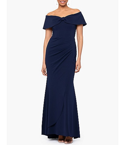 Xscape Stretch Off-the-Shoulder Short Sleeve Gown