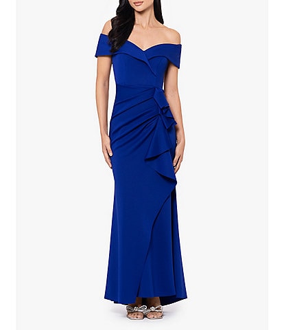 Xscape Stretch Off-the-Shoulder Short Sleeve Mermaid Gown with Ruffle