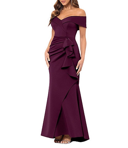 Xscape Stretch Off-the-Shoulder Short Sleeve Mermaid Gown with Ruffle