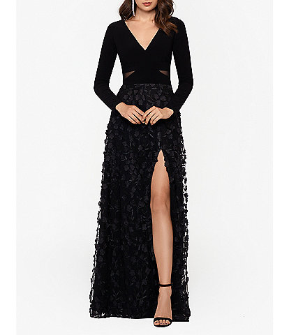 Xscape Stretch V-Neck Long Sleeve Gown