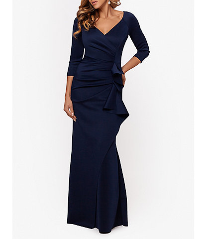Xscape Stretch V-Neck 3/4 Sleeve Pleated Draped Gown