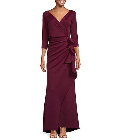 Xscape Stretch V-Neck 3/4 Sleeve Pleated Draped Gown