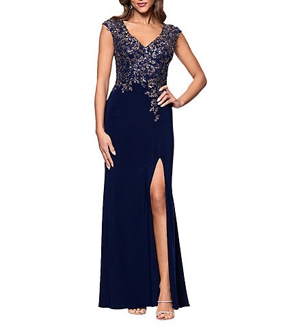 Xscape V-Neck Bead Bodice Front Slit Knit Jersey Sheath Gown