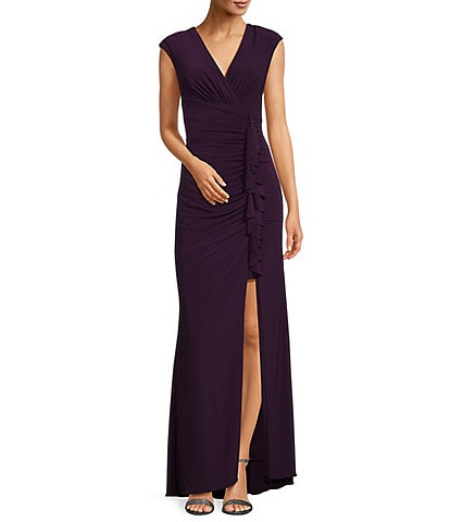Xscape V-Neck Sleeveless Ruched Bodice Gown