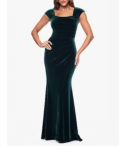 Xscape Velvet Square Neck Cap Sleeve Gathered Side Gown